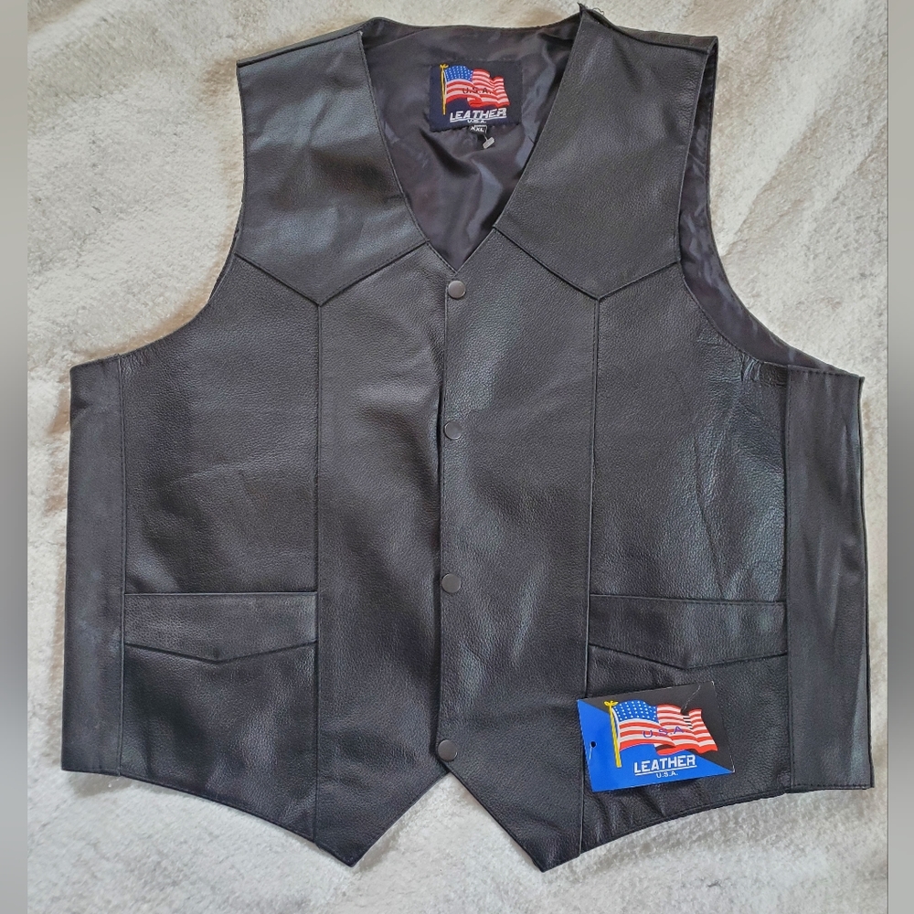 USA Leather Vintage Motorcycle Biker Vest, Sz 2XL